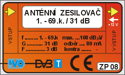 Anténní širokopásmový zesilovač pro FM a DVB-T/T2 zisk 31dB s F konektory
