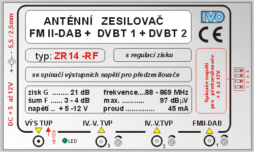 Anténní slučovač 3-vstupy se zesilovačem FM-DAB + DVBT1 + DVBT2
