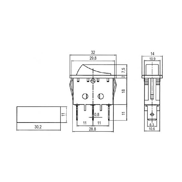 Přepínač kolébkový 2pol./3pin ON-ON 250V/15A černý