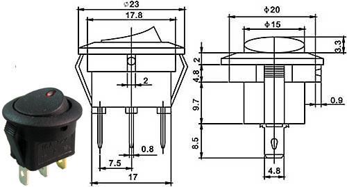 Přepínač kolébkový kul. kontr. 2pol./3pin ON-OFF 16A/12VDC červená