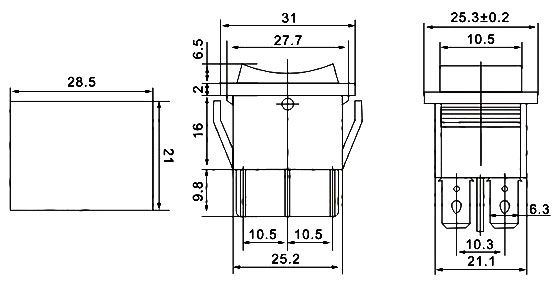 Přepínač kolébkový 3pol./6pin (ON)-OFF-(ON) 250V/10A černý