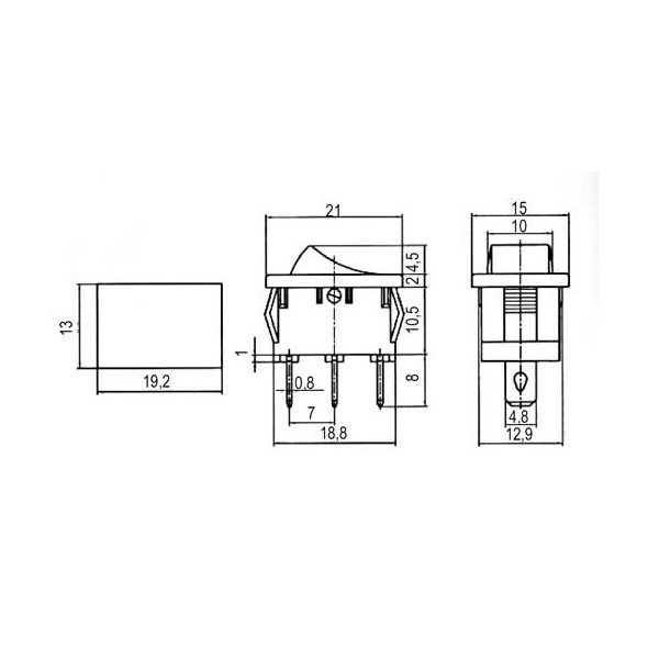 Přepínač kolébkový 3pol./3pin ON-OFF-ON 250V/10A černý I-O-II