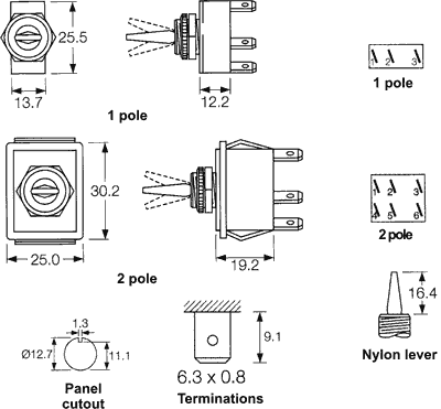Přepínač páčkový 2pol./4pin ON-OFF 250V/16A C1750HO