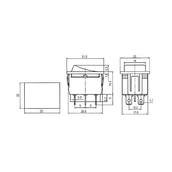 Přepínač kolébkový 2pol./6pin ON-ON 250V/15A černý I-II