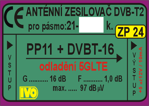 Anténní širokopásmový zesilovač DVB-T2 filtr LTE/5G zisk 16dB s F konektory