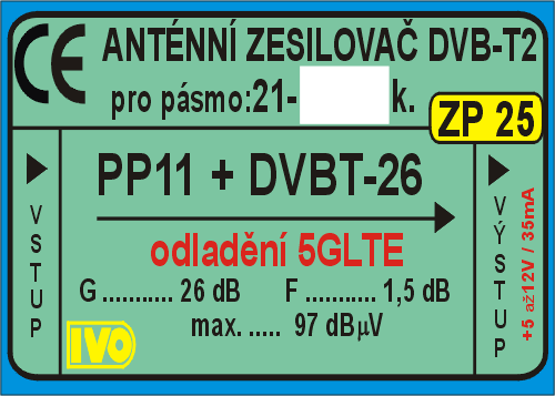 Anténní širokopásmový zesilovač DVB-T2 filtr LTE/5G zisk 26dB s F konektory