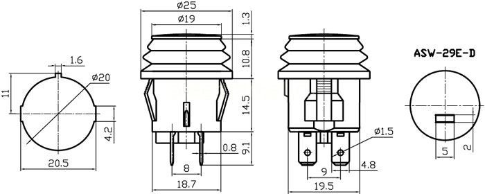 Přepínač tlačítkový kul. pros. 2pol./3pin ON-OFF 20A/12VDC modrý z čela vodotěsný