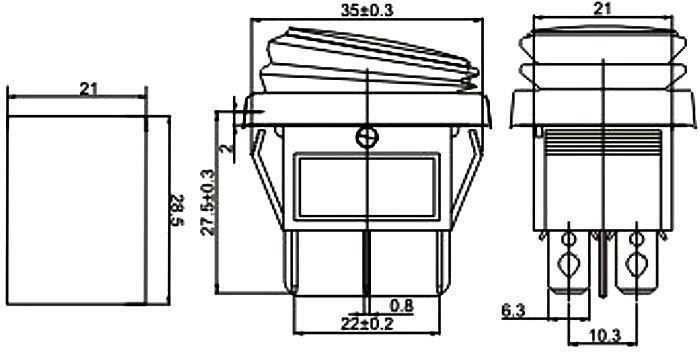 Přepínač kolébkový 2pol./6pin ON-OFF 250V/20A červený z čela vodotěsný