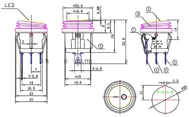 Přepínač kolébkový kul. pros. 2pol./3pin ON-OFF 250V/6A zelený
