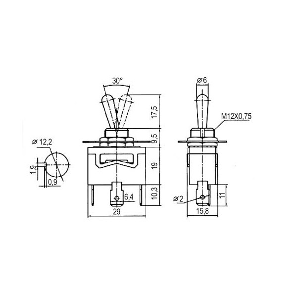 Přepínač páčkový 3pol./3pin ON-ON 250V/10A