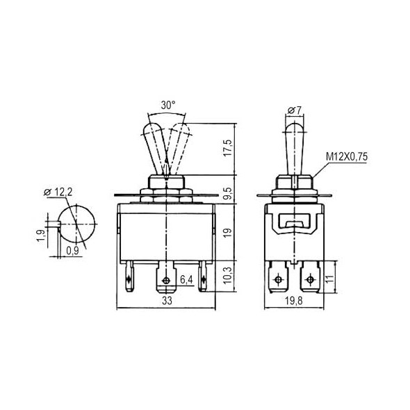 Přepínač páčkový 2pol./6pin ON-ON 250V/10A