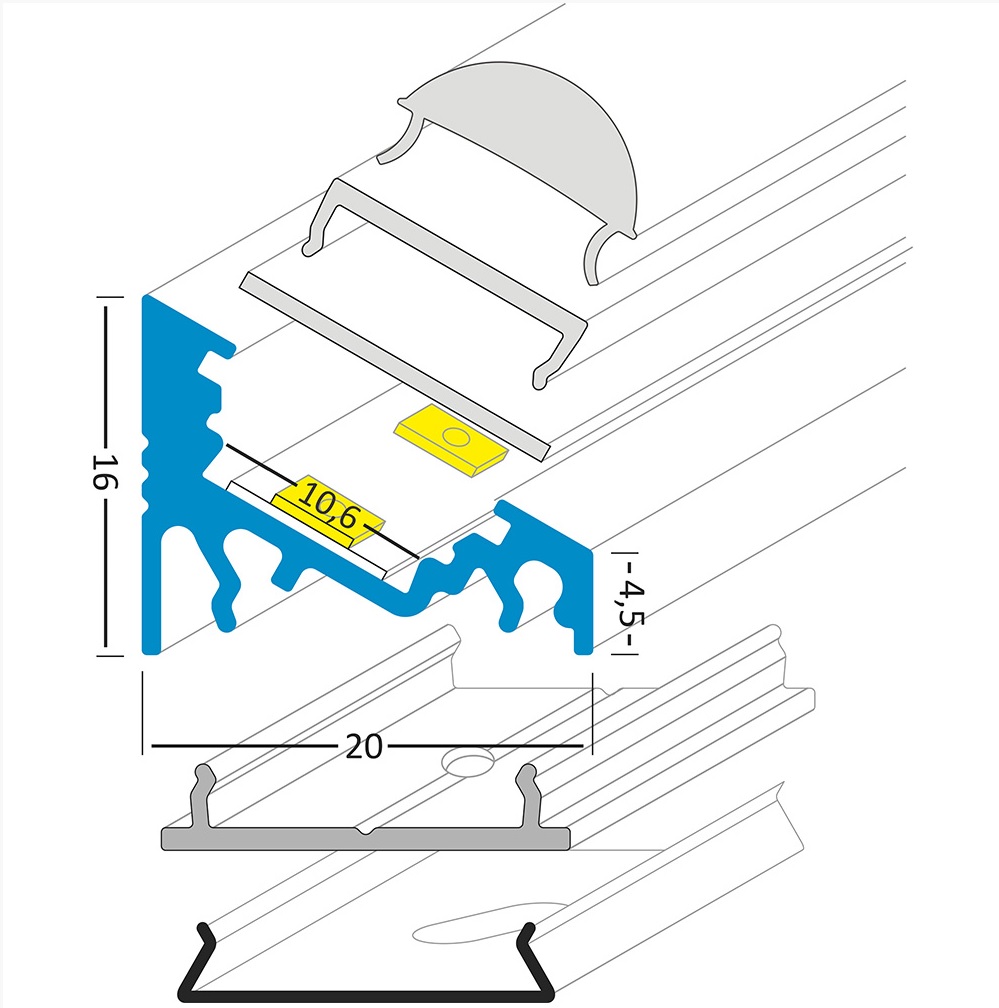 Hliníkový profil pro montáž LED pásků - (FKU60) 20 x 16mm rohový, délka 1m + matné plexi