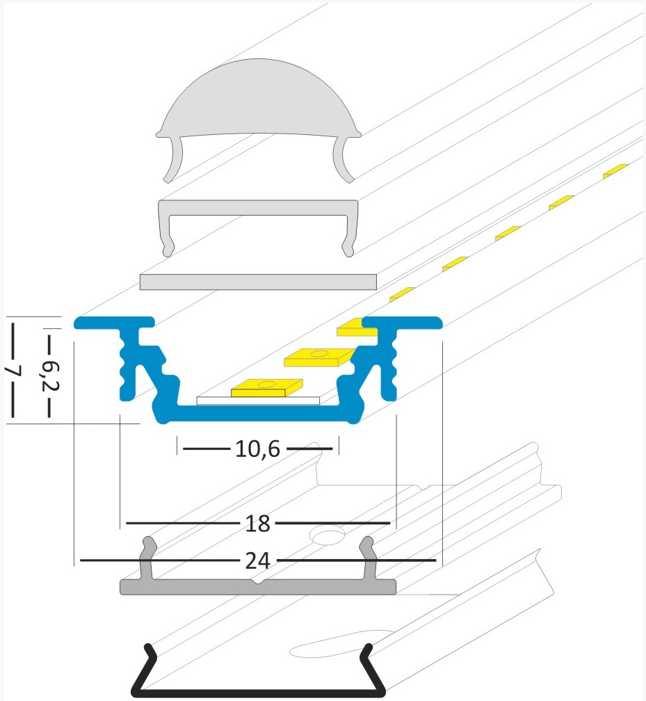 Hliníkový profil pro montáž LED pásků - (FKU12) 24 x 7mm, délka 2m + matné plexi