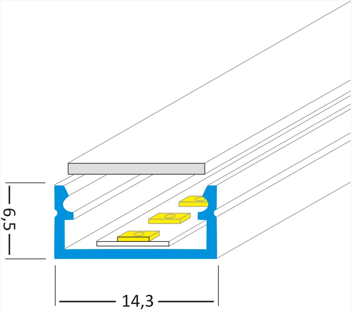 Hliníkový profil pro montáž LED pásků - (FKU13) 14.3 x 6.5mm, délka 1m + matné plexi