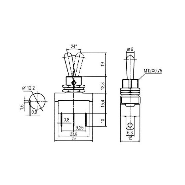 Přepínač páčkový 2pol./3pin ON-ON 12V