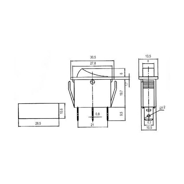 Přepínač kolébkový 2pol./3pin ON-OFF 250V/15A pros. modrý