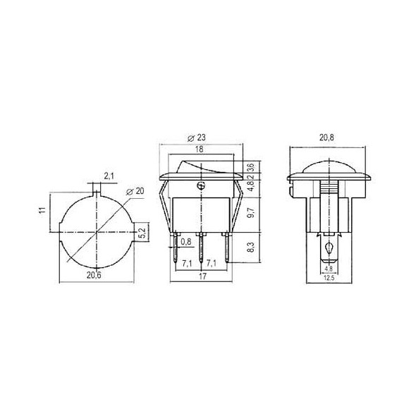Přepínač kolébkový kul. 3pol./3pin ON-OFF-ON 250V/6A černý
