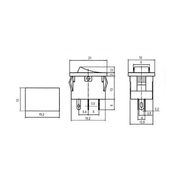 Přepínač kolébkový 2pol./4pin ON-OFF 250V/3A LED zelený