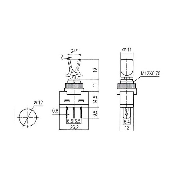 Přepínač páčkový 2pol./3pin ON-OFF 12VDC prosv. červený