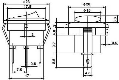 Přepínač kolébkový kul. pros. 2pol./3pin ON-OFF 250V/6A červený