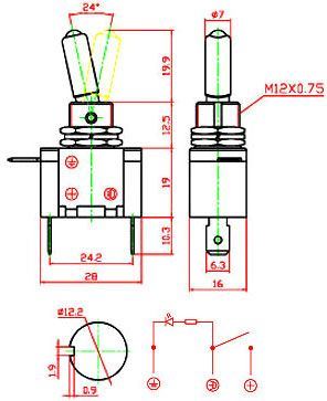 Přepínač páčkový 2pol./2pin ON-OFF 12VDC/25A LED zelená