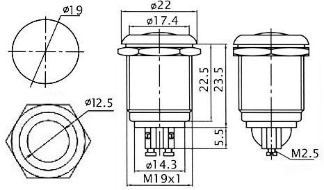 Tlačítko kul. spínací. 2pin OFF-(ON) 250V/2A kovové (antivandal)