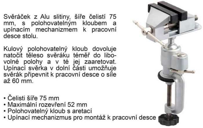 Svěráček otočný s polohovatelným kloubem, uchycení svorkou 75 mm