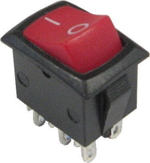 Přepínač kolébkový 2pol./6pin ON-ON 250V/6A červený I-II