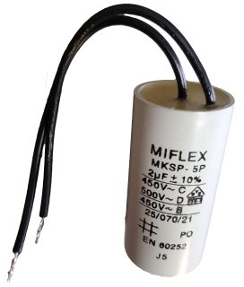 Kondenzátor motorový rozběhový 2uF/450V AC, Ø25x51mm, kabel