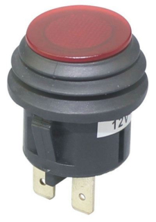 Přepínač tlačítkový kul. pros. 2pol./3pin ON-OFF 20A/12VDC červený z čela vodotěsný