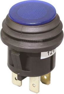 Přepínač tlačítkový kul. pros. 2pol./3pin ON-OFF 20A/12VDC modrý z čela vodotěsný