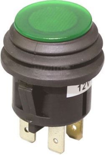Přepínač tlačítkový kul. pros. 2pol./3pin ON-OFF 20A/12VDC zelený z čela vodotěsný