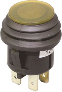 Přepínač tlačítkový kul. pros. 2pol./3pin ON-OFF 20A/12VDC žlutý z čela vodotěsný