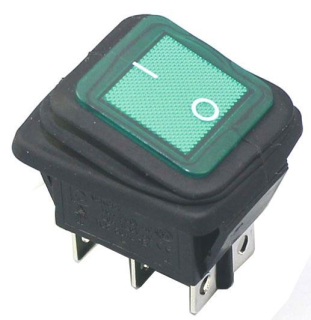 Přepínač kolébkový 2pol./6pin ON-OFF 250V/20A zelený z čela vodotěsný