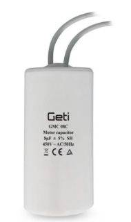 Kondenzátor motorový rozběhový 8uF/450V AC, Ø35x60mm, 2 x vodič 150 mm