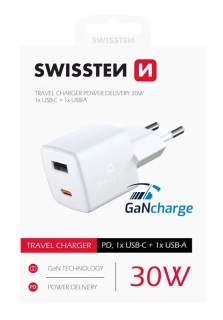 Adaptér GaN 230V 30W POWER DELIVERY pro iPhone 1xUSB-C + 1xUSB BÍLÁ