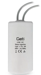 Kondenzátor motorový rozběhový 12 uF/450V AC, Ø35x68mm, 2 x vodič 150 mm