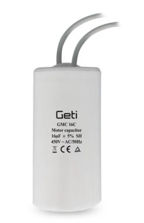 Kondenzátor motorový rozběhový 16 uF/450V AC, Ø35x68mm, 2 x vodič 150 mm